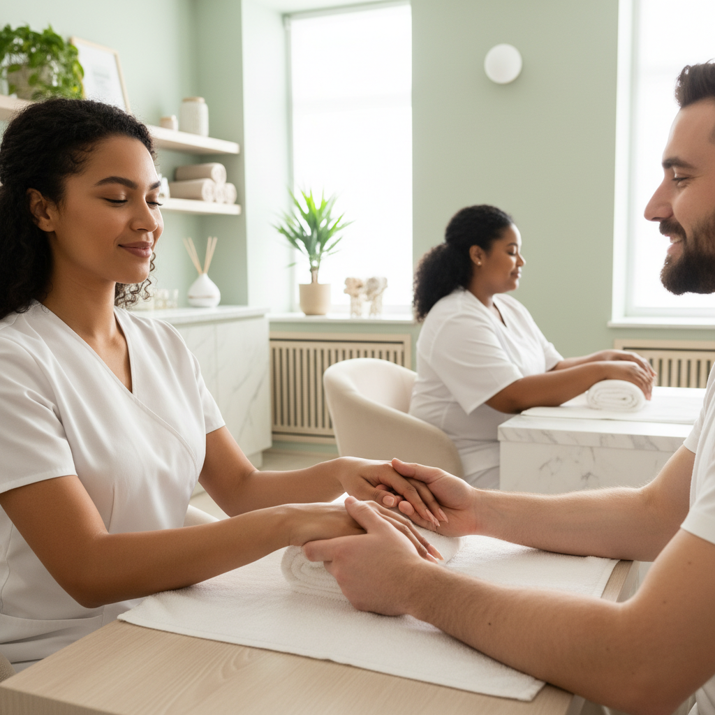 A beauty technician gently holding a client's hands in a modern spa, warm natural lighting, clean environment with soft pastel green, beige, and white tones. Both have professional, well-groomed nails; calm, happy facial expressions. Scene includes diverse skin tones, genders, and body types. Realistic photography—not cartoonish. Ambiance feels relaxing, luxurious, and focused on self-care and well-being.