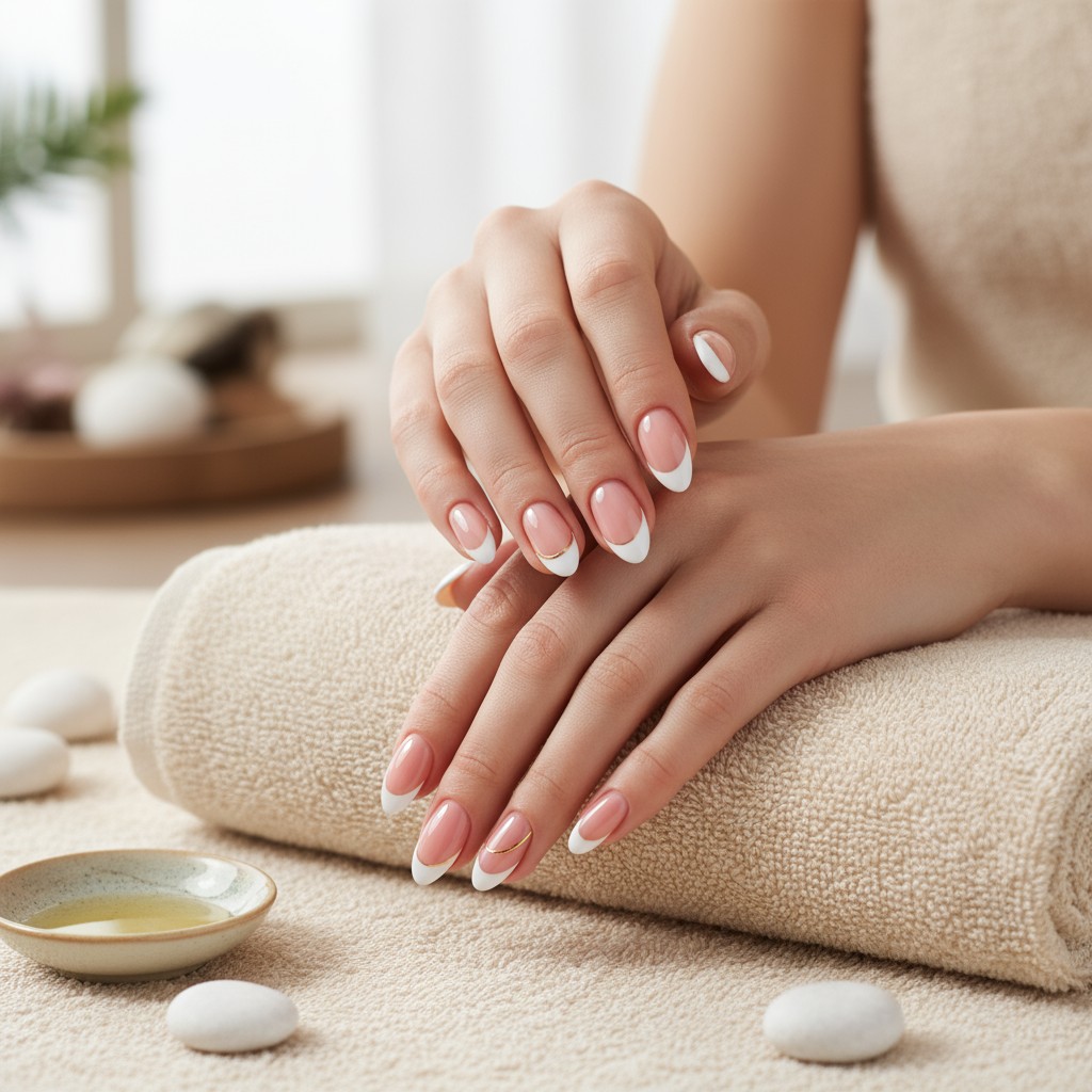 Hand resting on a rolled-up towel and manicured nails to show manicure and pedicure services.