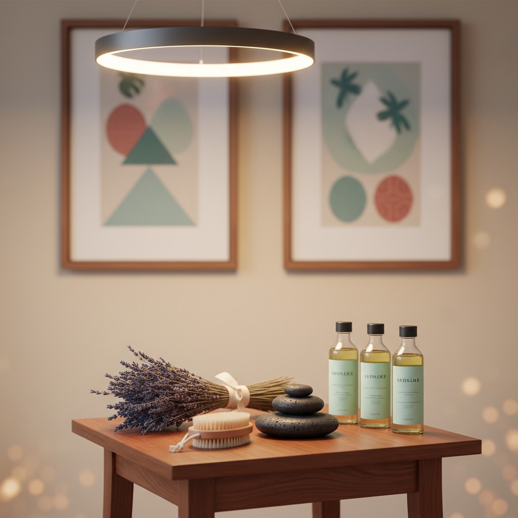 Oil bottles, bath accessories, and framed images on beige wall, in a modern/minimalist space.