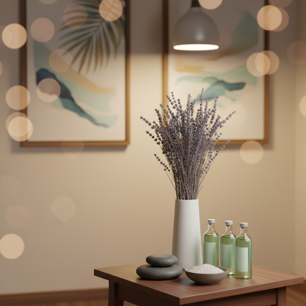 white vase with dried lavender, grey stones, and bowl of bath salts on a small wood table with art in background 2-dimensi...