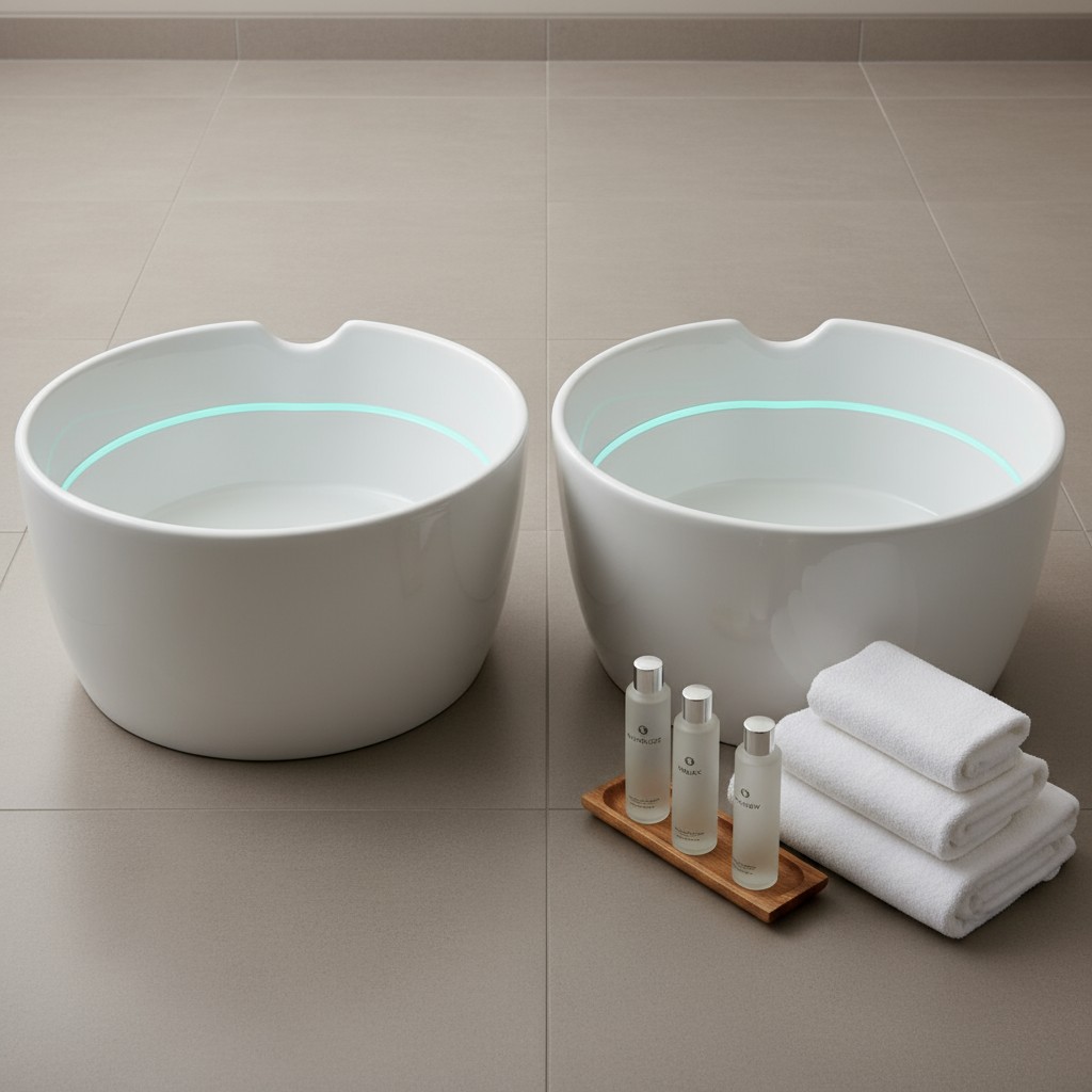 Two white porcelain foot baths filled with light blue water, accompanied by a small wooden tray holding three bottles of s...